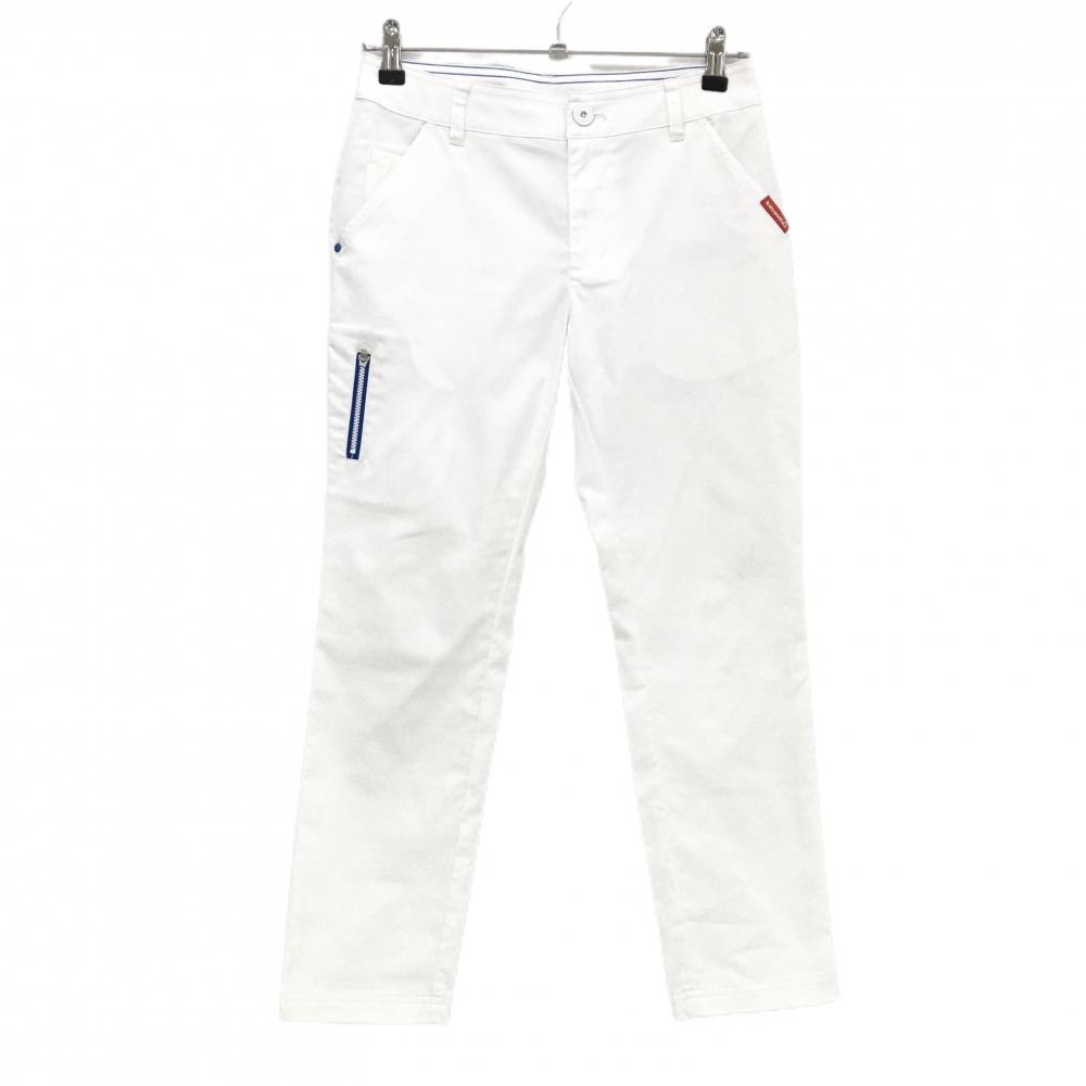 【美品】ルコックゴルフ パンツ 白×ブルー 後ポケット刺しゅう レディース 7 ゴルフウェア le coq sportif