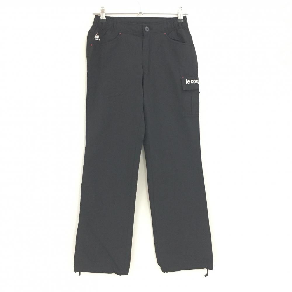 【美品】ルコック パンツ 黒 ロゴ白 ナイロン混 複数ポケット 裾紐付 レディース S ゴルフウェア le coq sportif