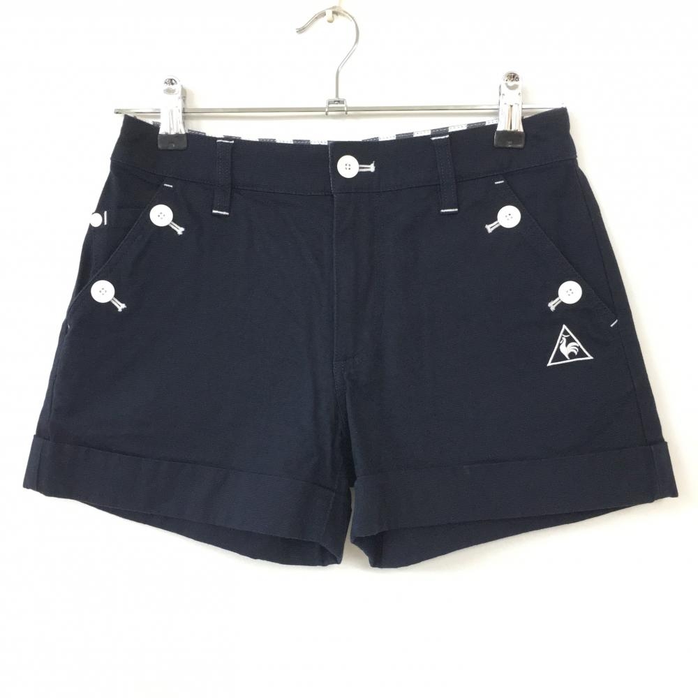 【美品】le coq sportif ルコック ショートパンツ ネイビー×白 ストレッチ バックプリント レディース 7 ゴルフウェア