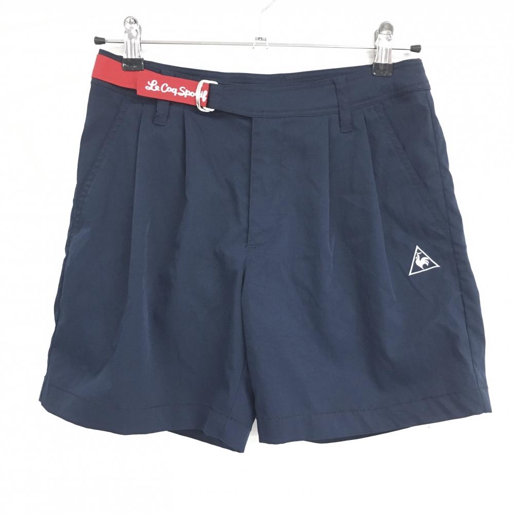 【超美品】ルコック ショートパンツ ネイビー 一部異素材ベルト ロゴ刺しゅう レディース 9 ゴルフウェア le coq sportif