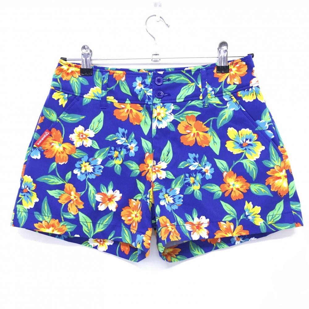 【超美品】ルコックゴルフ ショートパンツ ブルー×マルチカラー 花柄 ストレッチ ロゴ刺しゅう レディース 9 ゴルフウェア le coq sportif