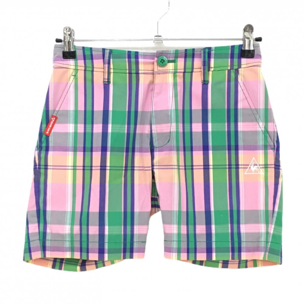 【美品】ルコックゴルフ ショートパンツ ピンク×グリーン×ブルー チェック レディース 7 ゴルフウェア le coq sportif