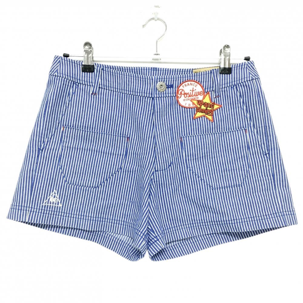 【美品】ルコックゴルフ ショートパンツ ブルー×白 ストライプ ワッペン レディース 11 ゴルフウェア le coq sportif