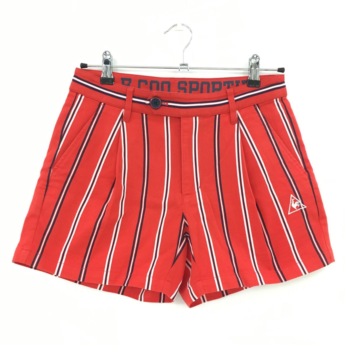 【美品】ルコックゴルフ ショートパンツ レッド×ネイビー ストライプ ロゴ刺しゅう ストレッチ レディース 9 ゴルフウェア le coq sportif