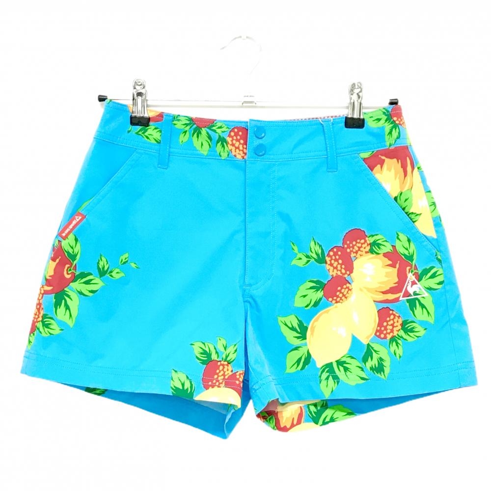 【新品】ルコックゴルフ ショートパンツ ライトブルー×イエロー×レッド フルーツ柄  レディース 11 ゴルフウェア le coq sportif