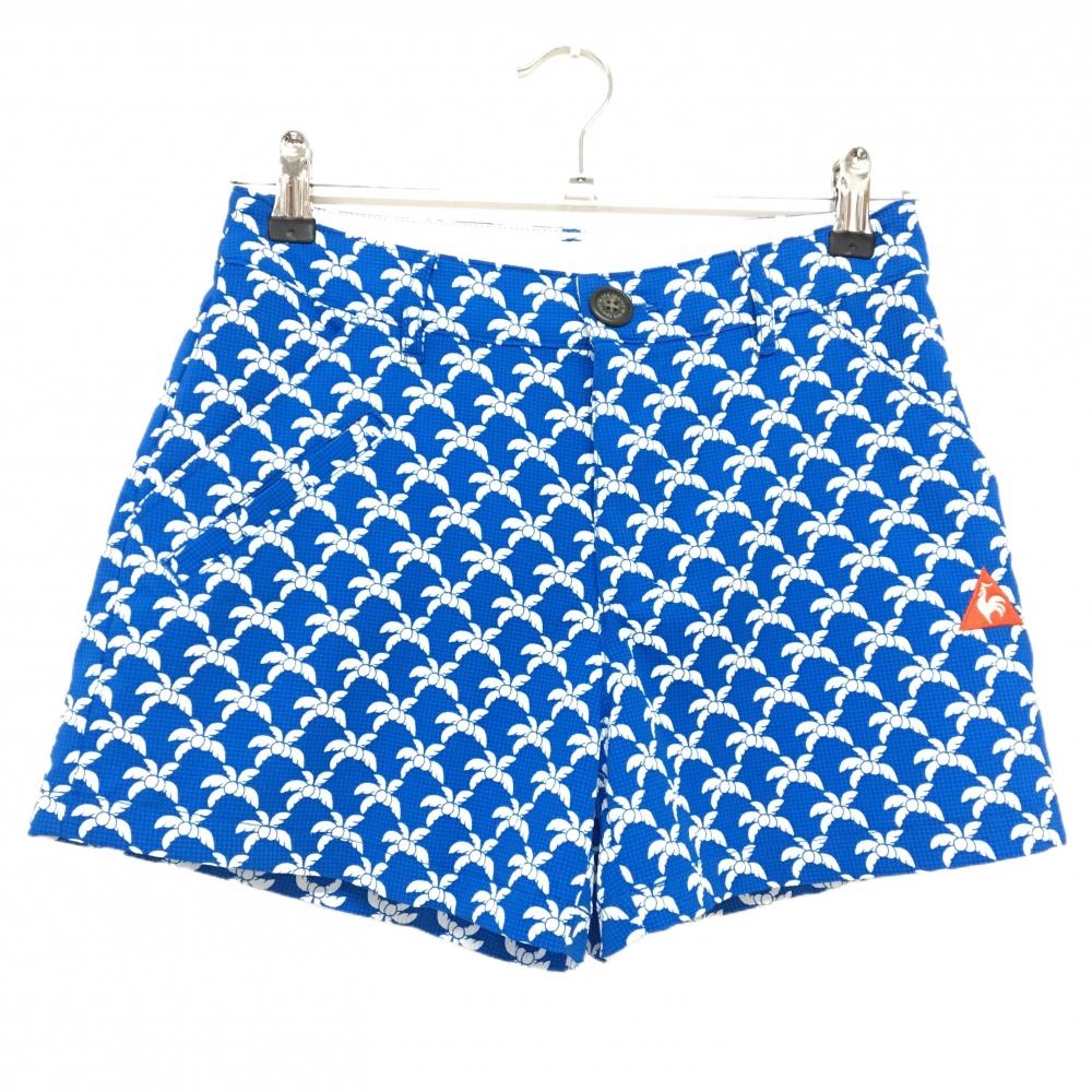【超美品】ルコックゴルフ ショートパンツ ブルー×白 ヤシの木風総柄 ストレッチ  レディース 9 ゴルフウェア le coq sportif
