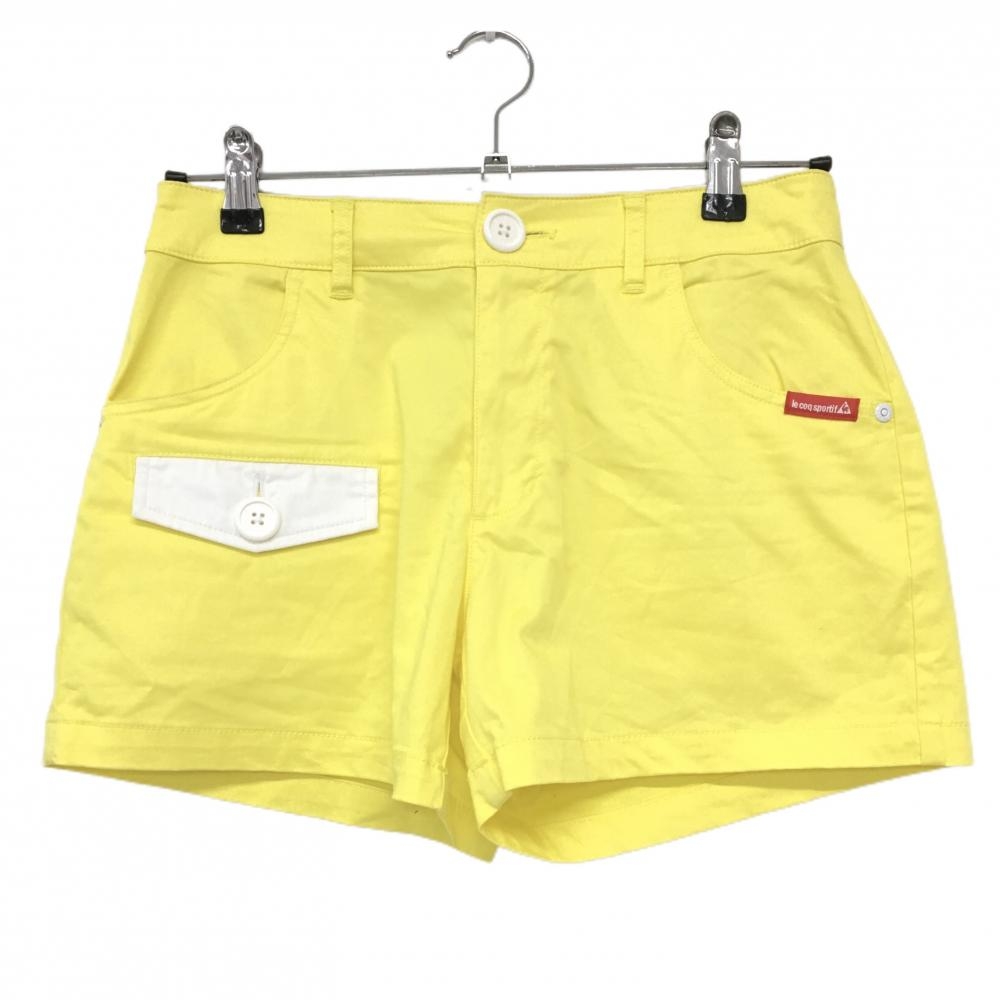 【美品】ルコックゴルフ ショートパンツ イエロー×白 ロゴ刺しゅう ストレッチ  レディース 9 ゴルフウェア le coq sportif