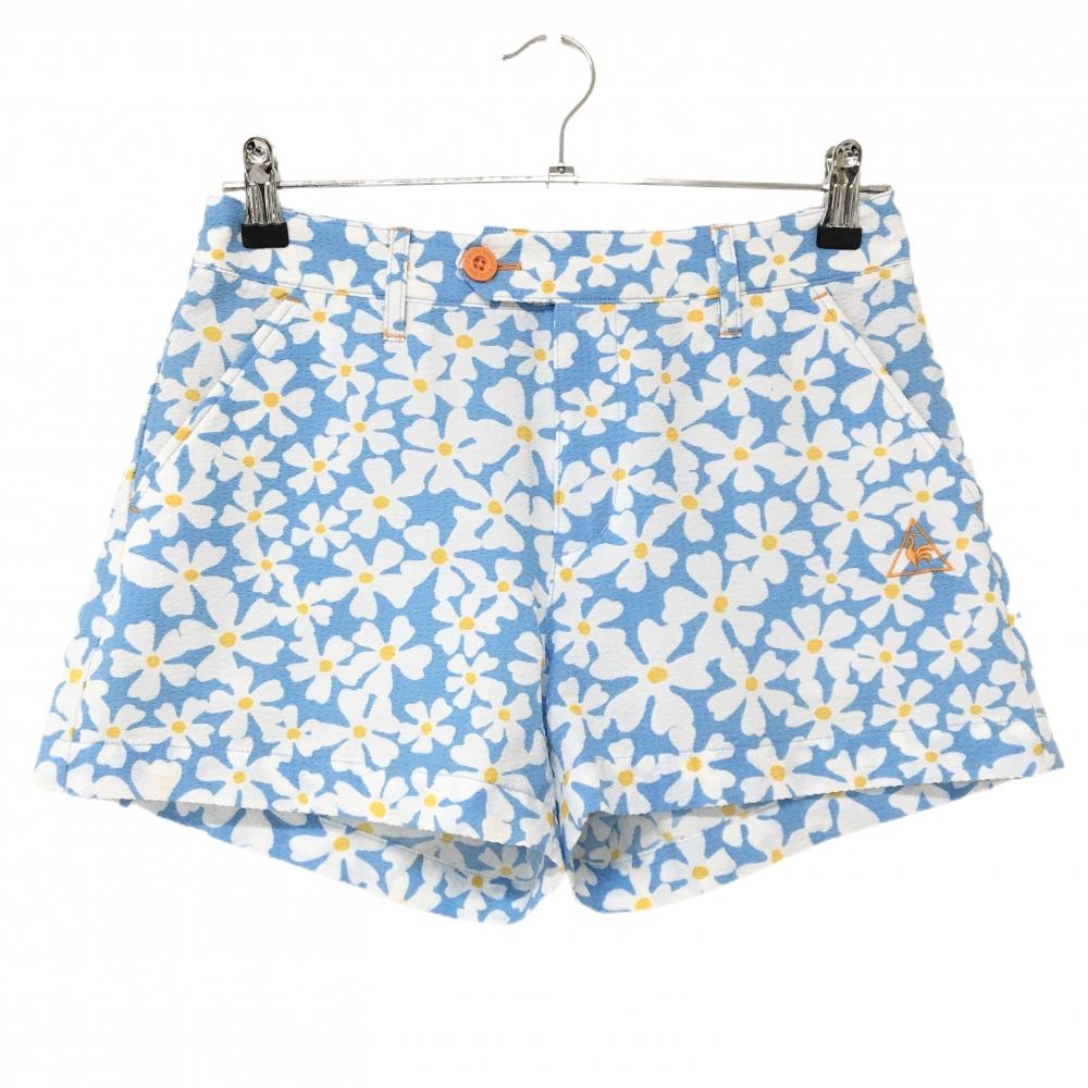 【超美品】ルコックゴルフ ショートパンツ ライトブルー×白 花柄 ストレッチ  レディース 9 ゴルフウェア le coq sportif