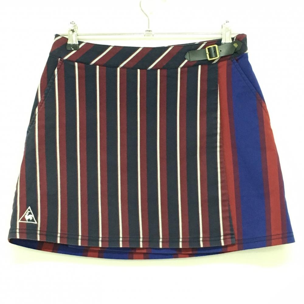 【美品】ルコック スカート ネイビー×ボルドー ストライプ柄 ロゴ刺しゅう レディース 9(M) ゴルフウェア le coq sportif