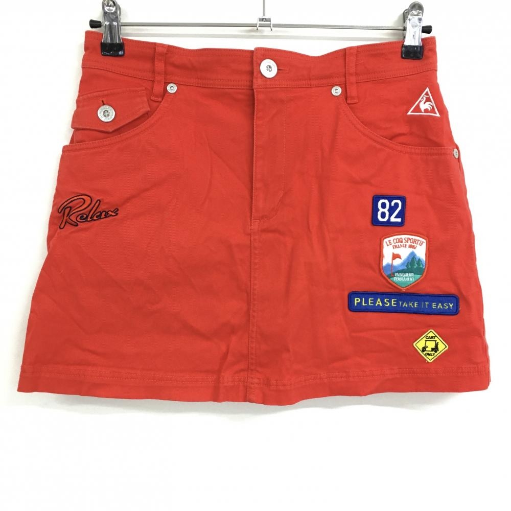 【美品】ルコック スカート オレンジレッド ワッペン複数 ストレッチ レディース 11 ゴルフウェア le coq sportif