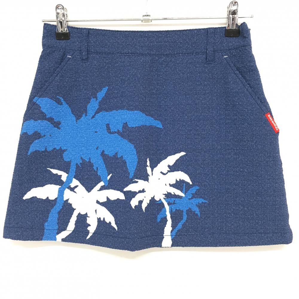 【美品】ルコック スカートネイビー×白 ヤシの木プリント サッカー生地 裏メッシュ レディース 7(S) ゴルフウェア le coq sportif
