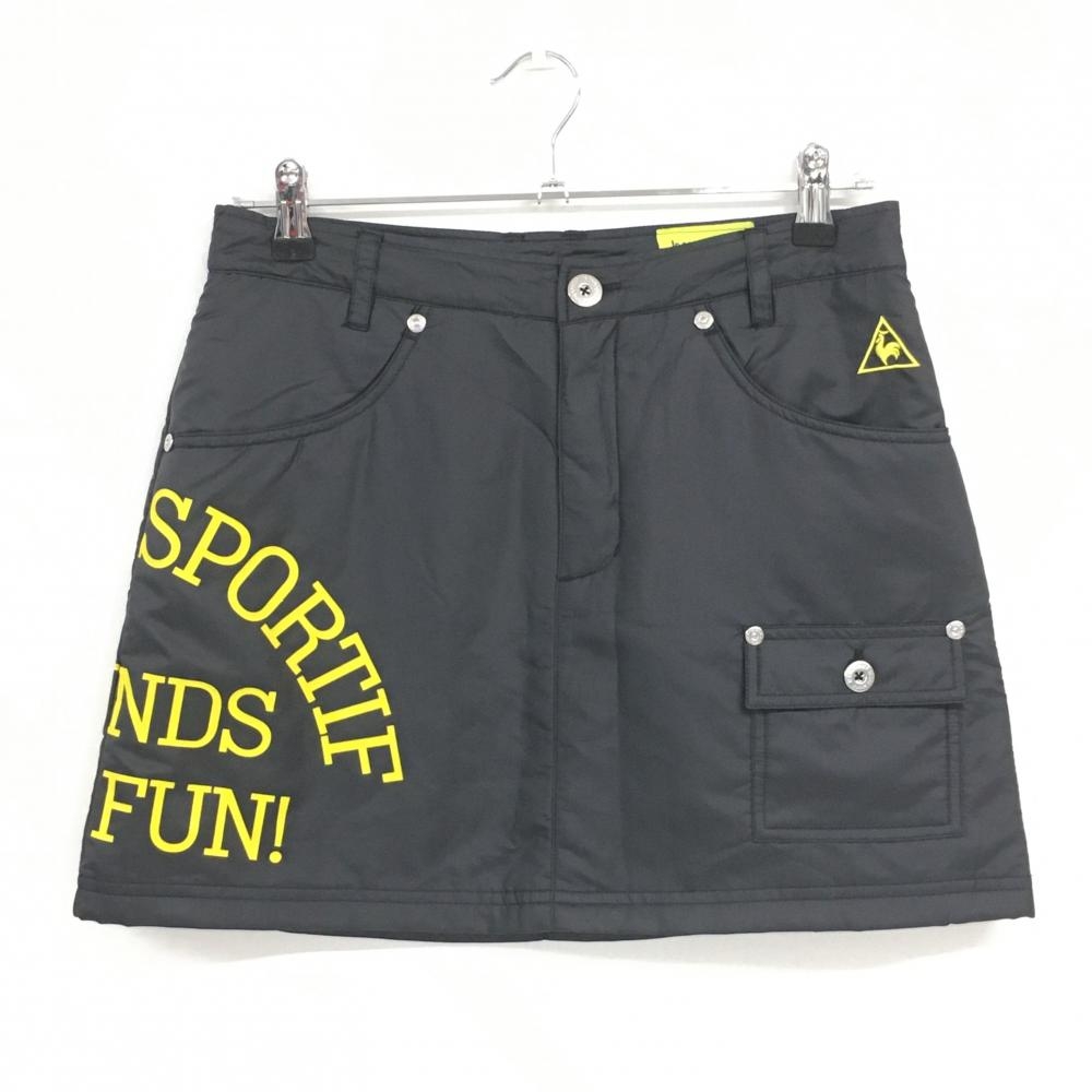 【美品】ルコック スカート ダークグレー×イエロー ロゴ刺しゅう ビッグプリント  レディース 11 ゴルフウェア le coq sportif