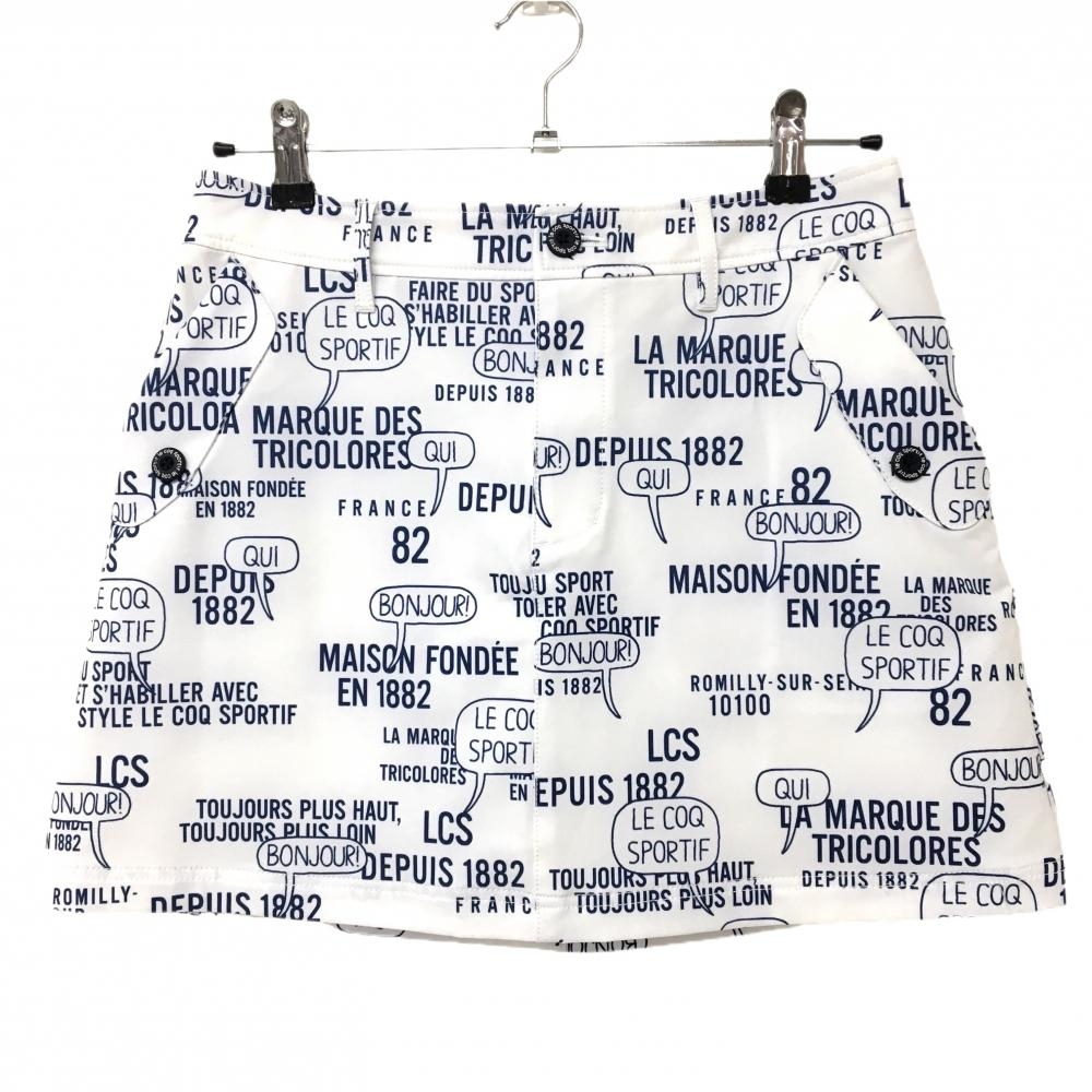【美品】ルコックゴルフ スカート 白×ネイビー 英字総柄 ストレッチ レディース 11 ゴルフウェア le coq sportif