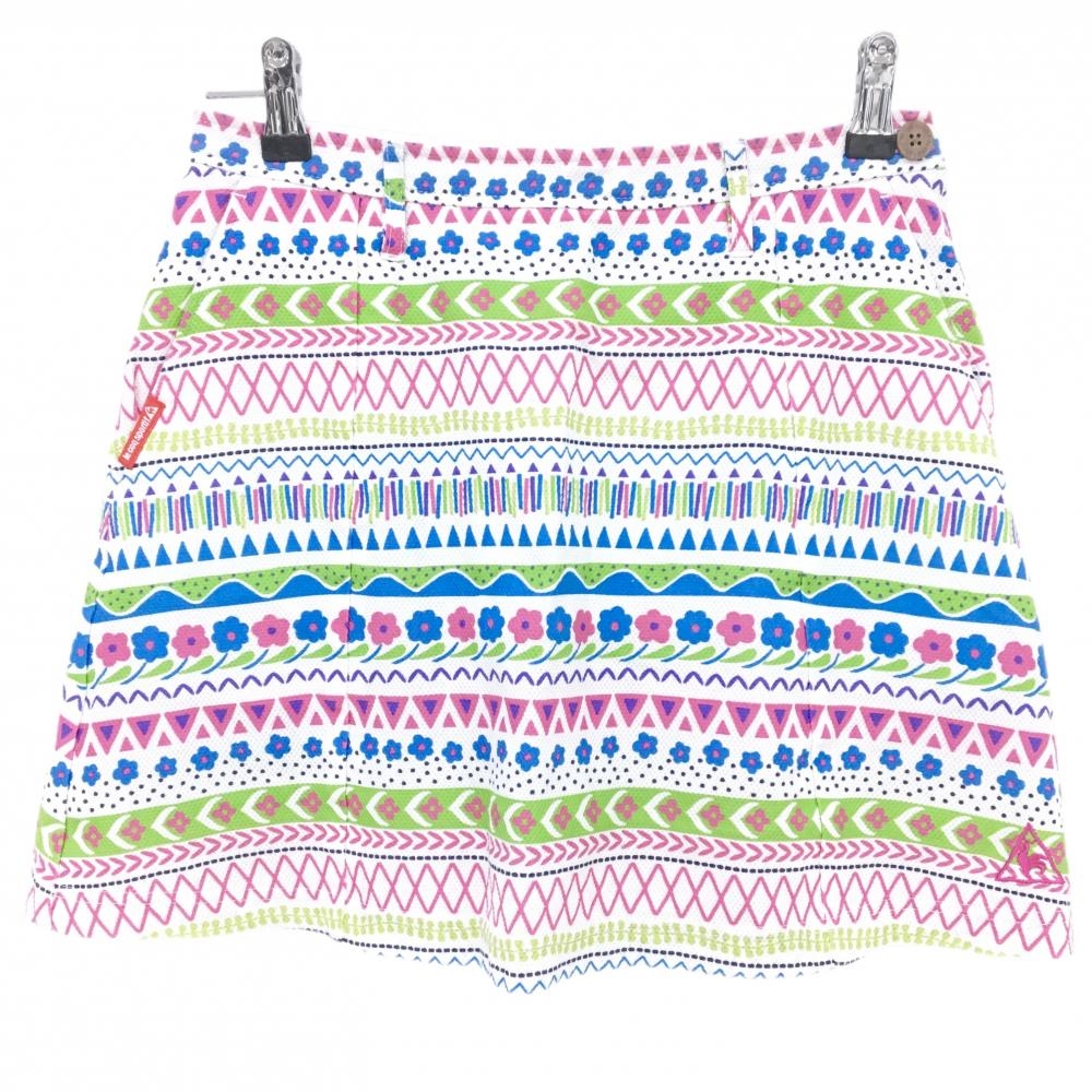 【超美品】ルコックゴルフ スカート 白×マルチカラー 総柄 花 織生地 ストレッチ レディース 9 ゴルフウェア le coq sportif