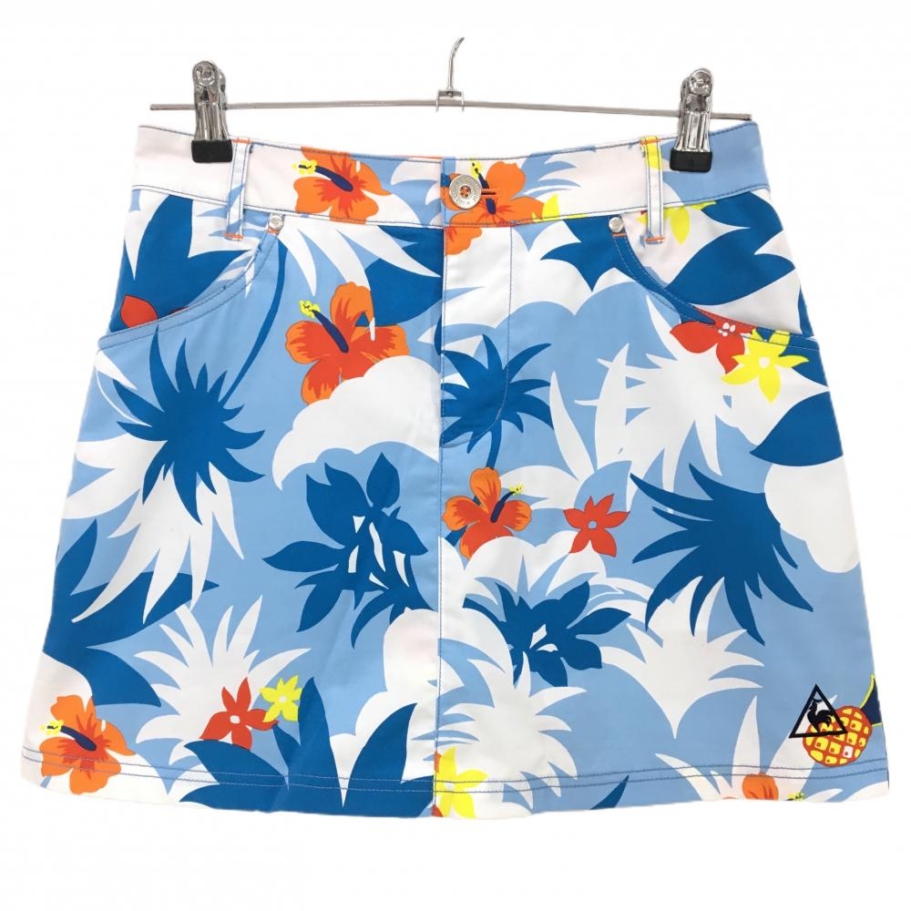【美品】ルコックゴルフ スカート ブルー×オレンジ 総柄 ハイビスカス ストレッチ レディース 9 ゴルフウェア le coq sportif