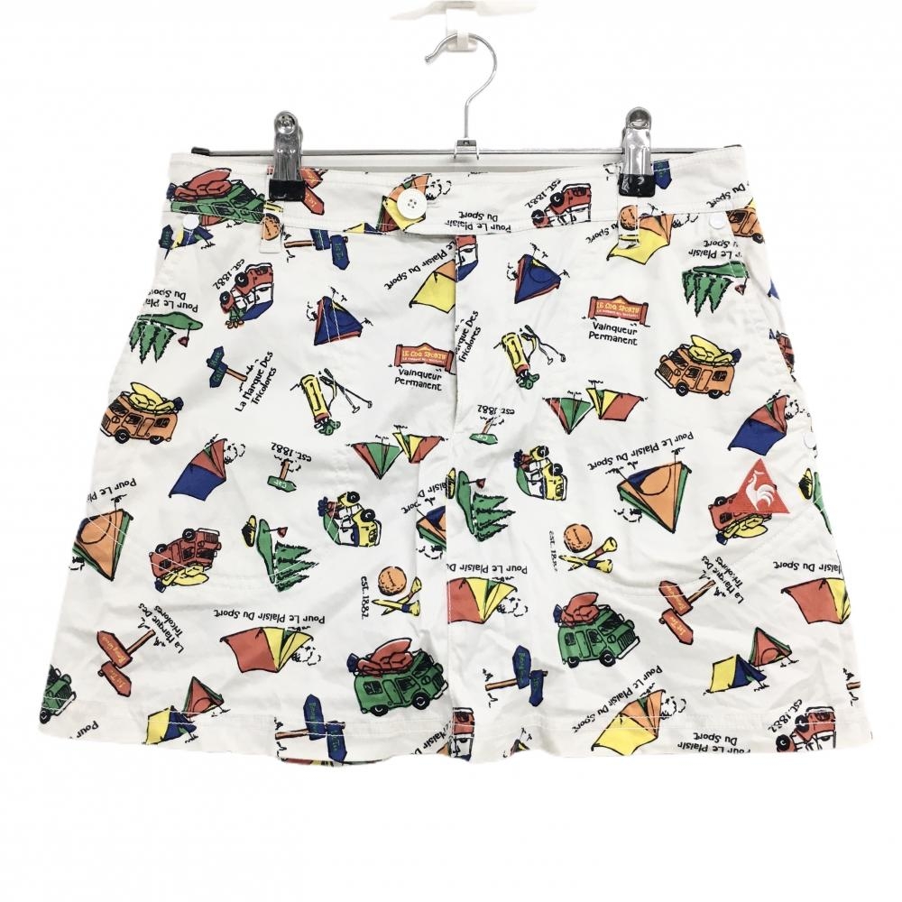 ルコックゴルフ スカート 白×マルチカラー 総柄 キャンプ ストレッチ 内側インナーパンツ レディース 9 ゴルフウェア le coq sportif