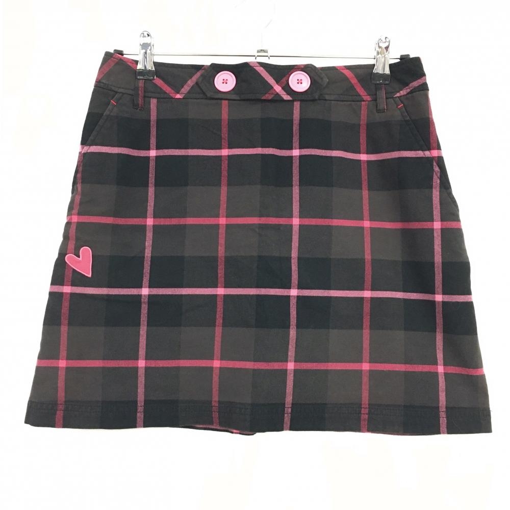 ルコックゴルフ スカート 黒系×ピンク チェック ハート刺しゅう ストレッチ 裏地付き レディース 11 ゴルフウェア le coq sportif