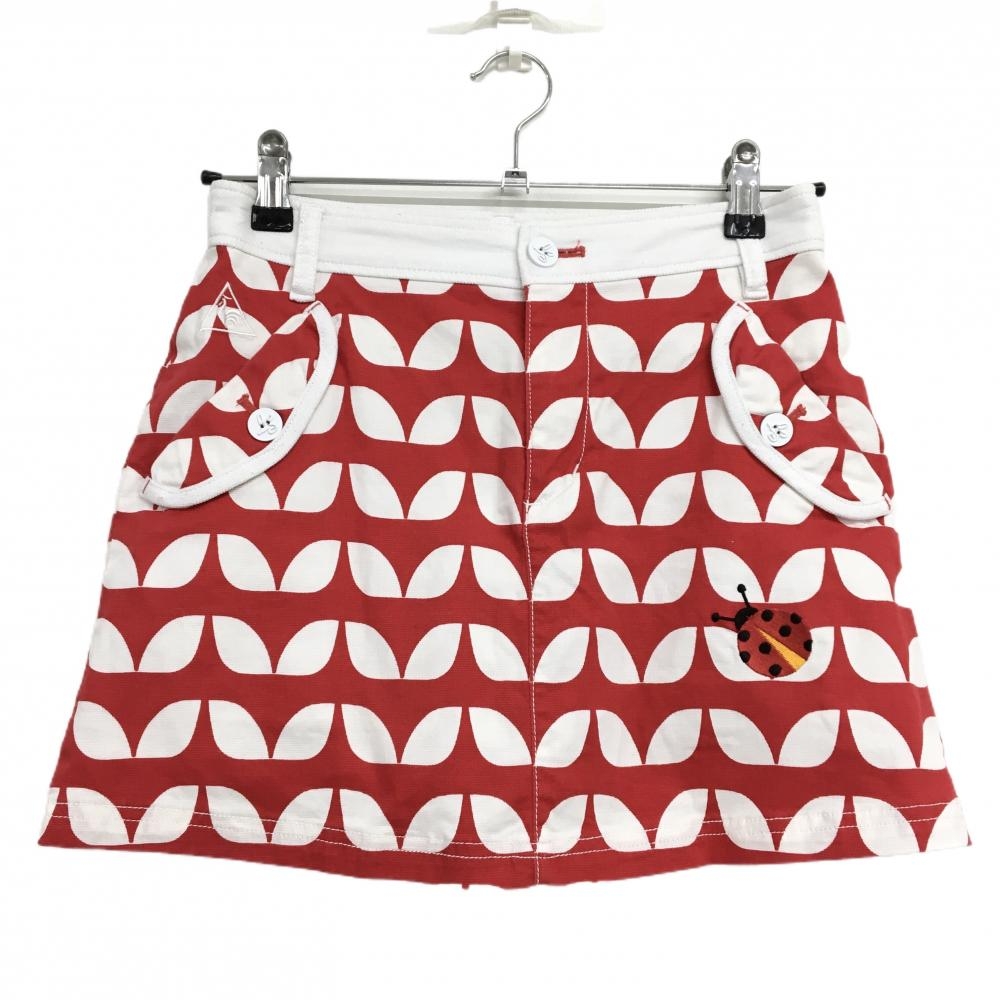 【美品】ルコック スカート レッド×白 総柄 テントウムシ刺しゅう 内側メッシュインナーパンツ レディース 7 ゴルフウェア le coq sportif