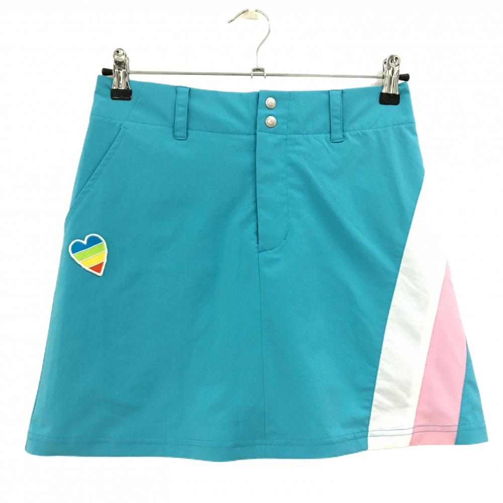 【超美品】ルコックゴルフ スカート グリーンブルー×ピンク ハートワッペン バックロゴ  レディース 7 ゴルフウェア le coq sportif