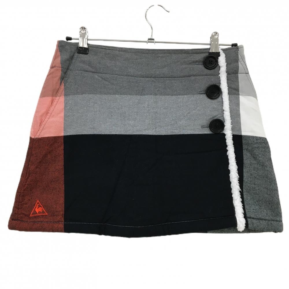 【美品】ルコックゴルフ スカート グレー×黒 裏ボア ロゴ刺しゅう レディース 9 ゴルフウェア le coq sportif
