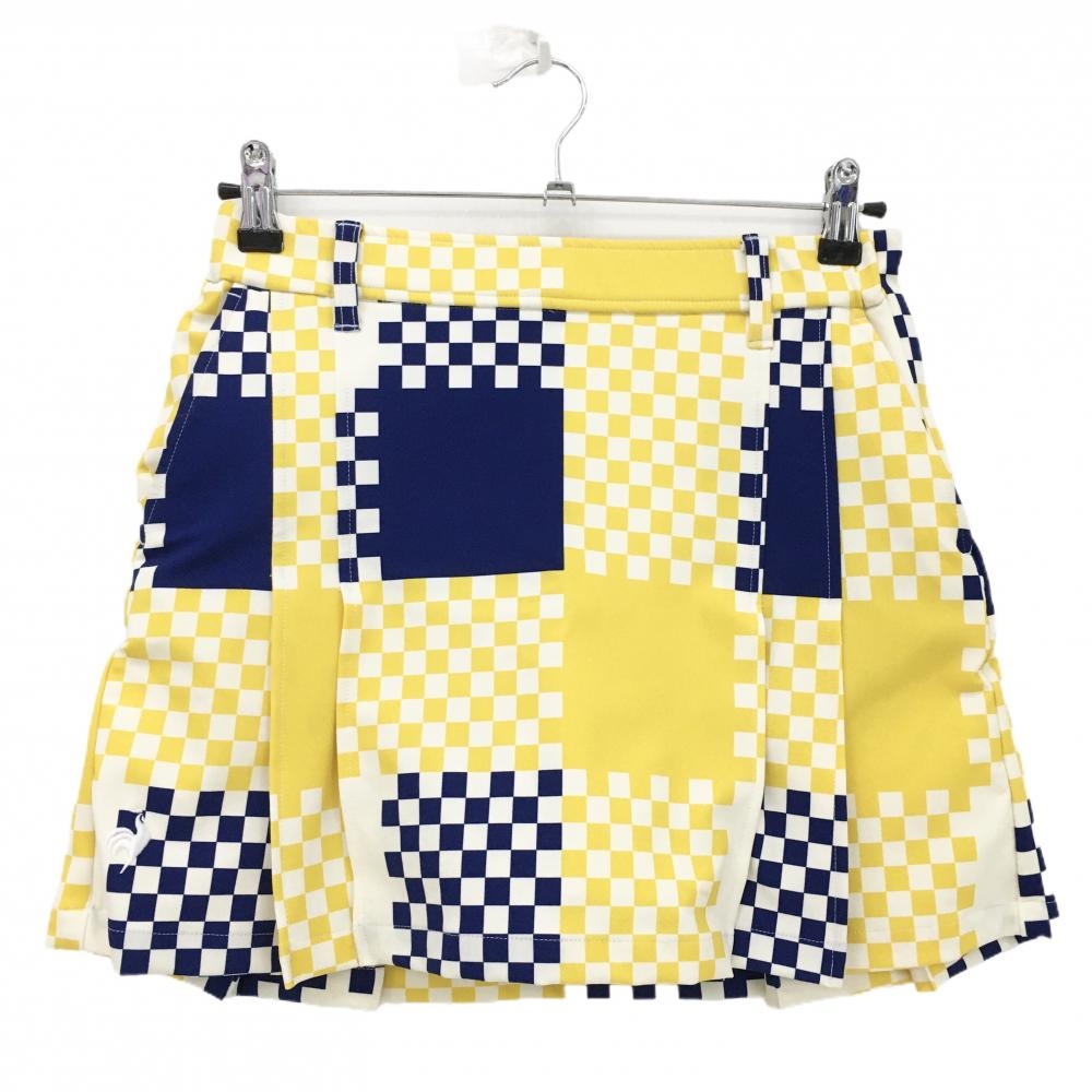 【超美品】ルコックゴルフ スカート イエロー×ネイビー ブロックチェック 内側インナーパンツ  レディース 7 ゴルフウェア le coq sportif