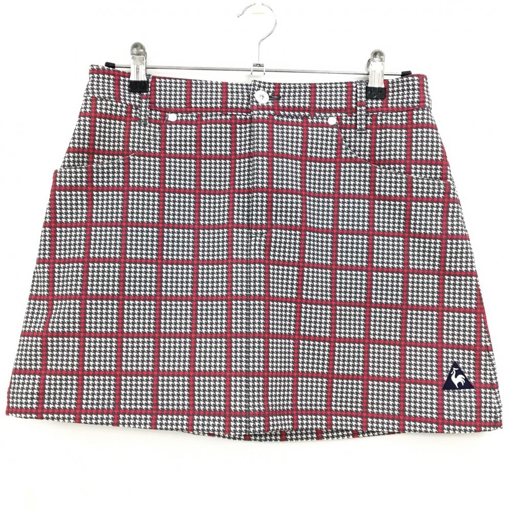 【美品】ルコックゴルフ スカート グレー×白×ピンク 千鳥格子 チェック 裏微起毛 レディース 11(L) ゴルフウェア le coq sportif