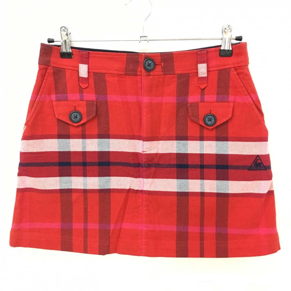 【超美品】ルコックゴルフ スカート レッド×ネイビー チェック ロゴ刺しゅう ストレッチ レディース 11 ゴルフウェア le coq sportif