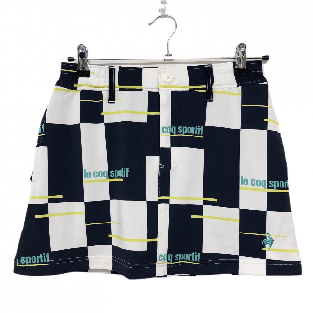 【美品】ルコックゴルフ スカート ネイビー×白 総柄 ストレッチ 裏地付き  レディース 7(S) ゴルフウェア le coq sportif