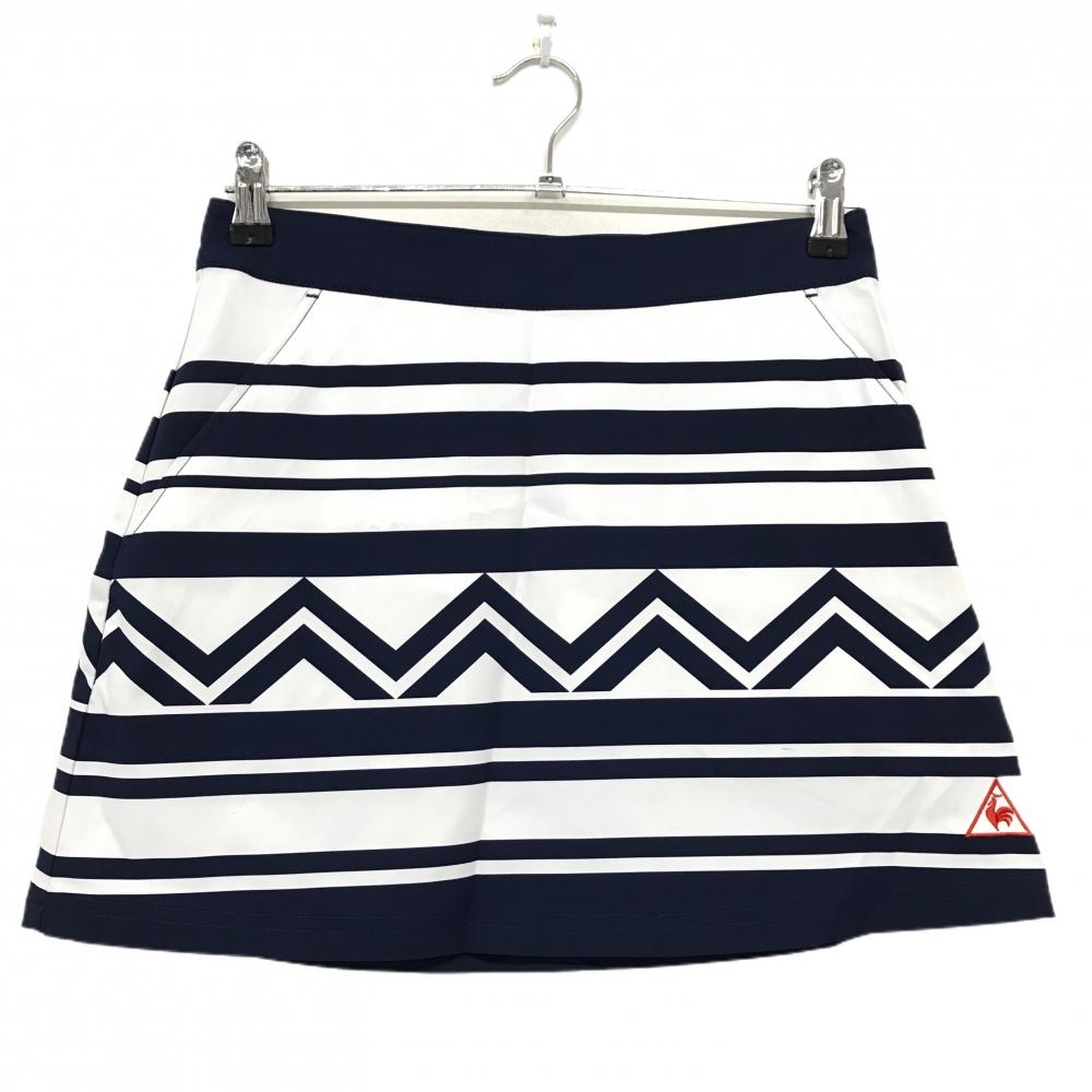 【超美品】ルコックゴルフ スカート ネイビー×白 ボーダー ロゴレッド レディース 9 ゴルフウェア le coq sportif