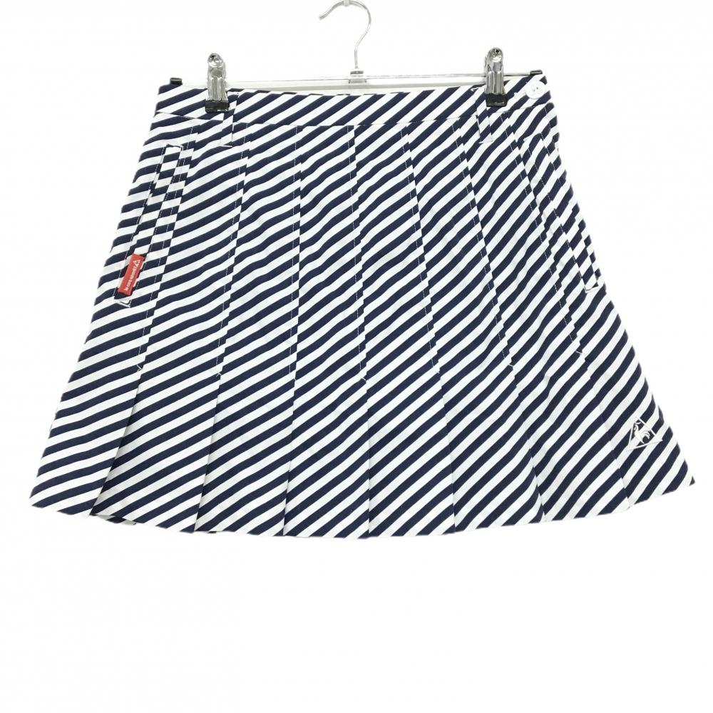 【美品】ルコックゴルフ スカート 白×ネイビー 斜めストライプ プリーツ 内側インナーパンツ レディース 9 ゴルフウェア le coq sportif