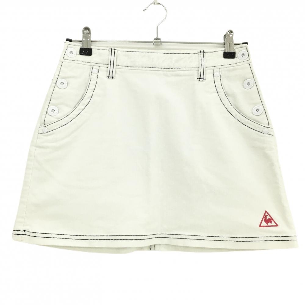 【美品】ルコックゴルフ コーデュロイスカート 白×ネイビー ステッチ サイドボタン レディース 9 ゴルフウェア le coq sportif