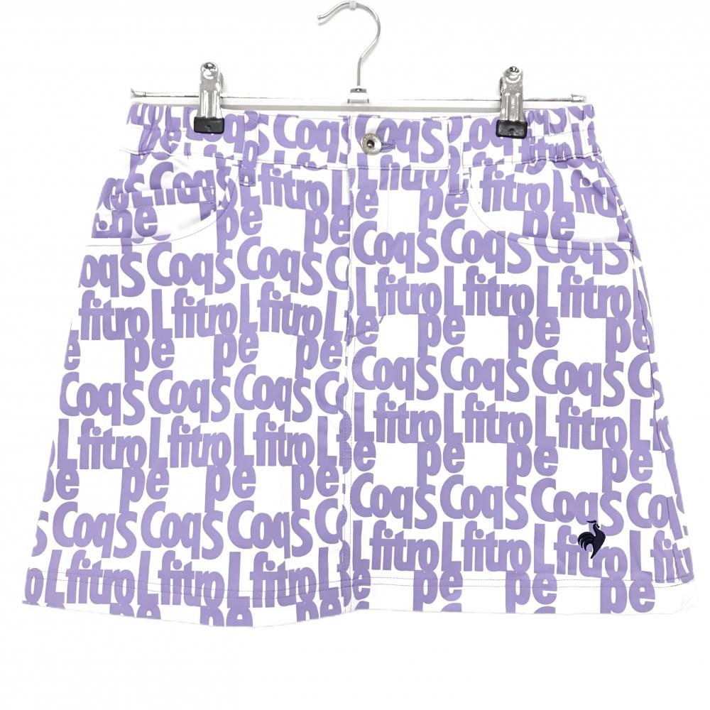 【超美品】ルコックゴルフ スカート 白×ライトパープル 英字総柄 裾ロゴ レディース 9 ゴルフウェア le coq sportif