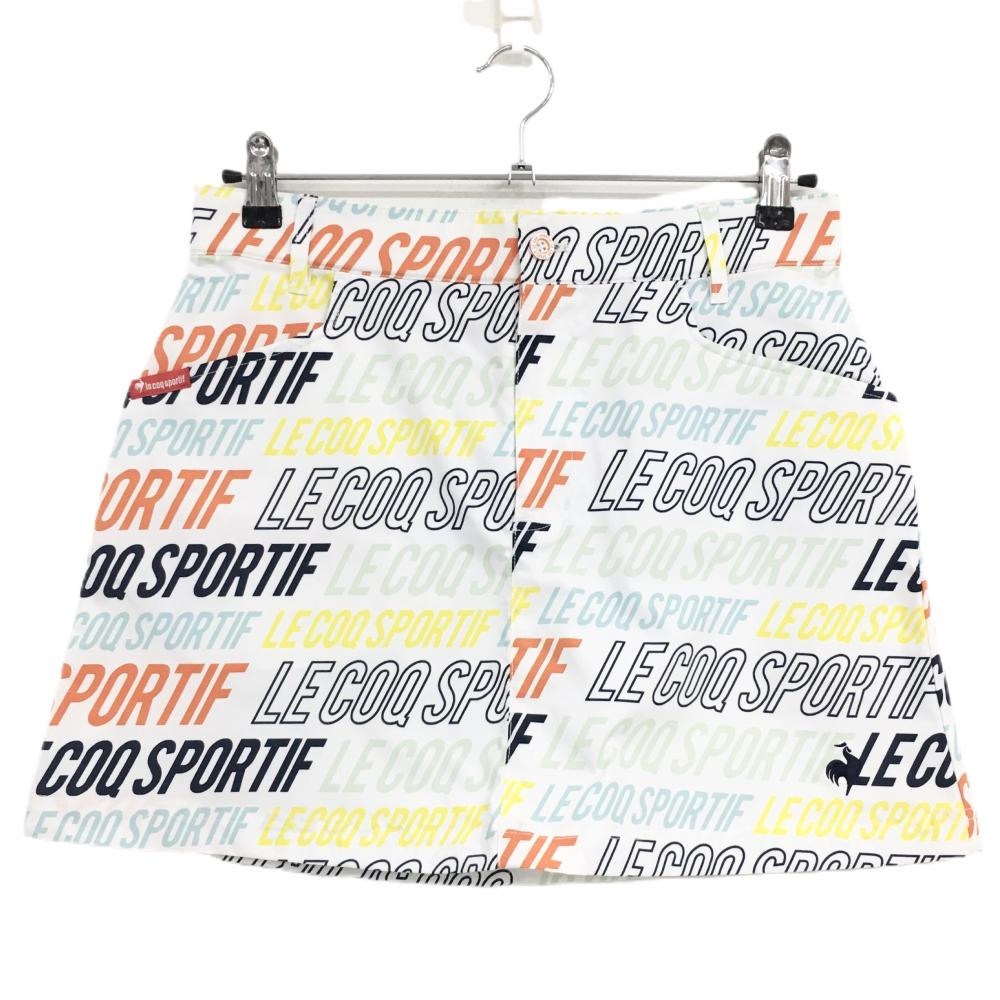 【超美品】ルコックゴルフ スカート 白×マルチカラー ロゴ英字総柄 裾刺しゅう レディース 11 ゴルフウェア le coq sportif
