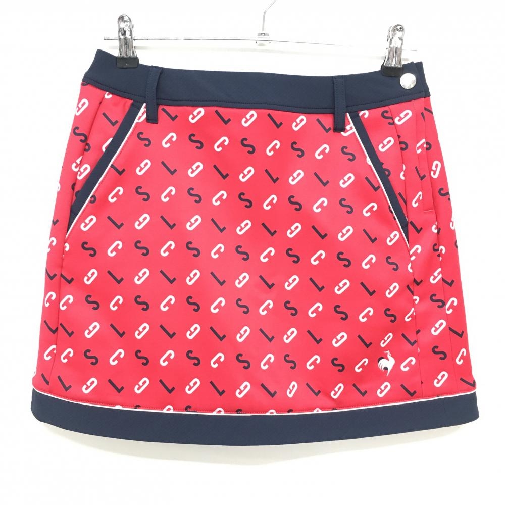 【超美品】ルコックゴルフ スカート レッド×ネイビー 英字総柄 裏起毛 裾ロゴ レディース L ゴルフウェア le coq sportif