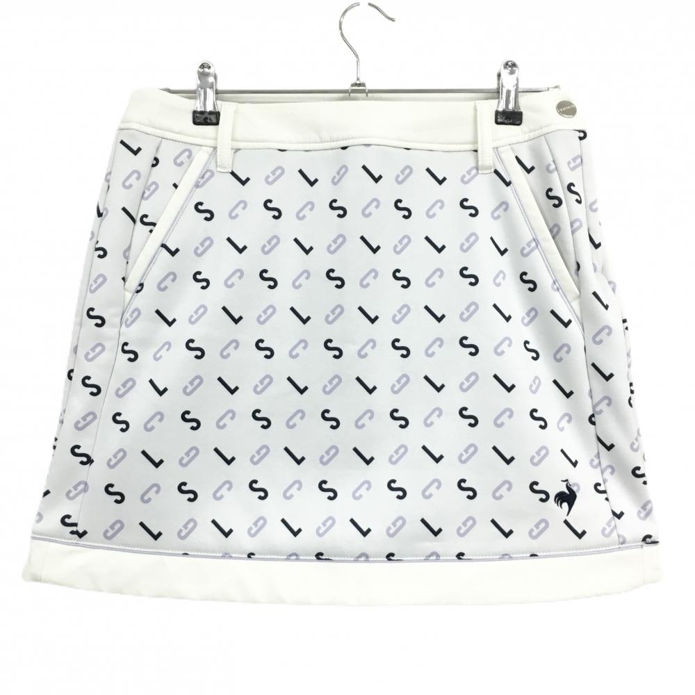 【超美品】ルコックゴルフ スカート ライトグレー系×パープル 英字総柄 裏起毛 レディース LL ゴルフウェア le coq sportif