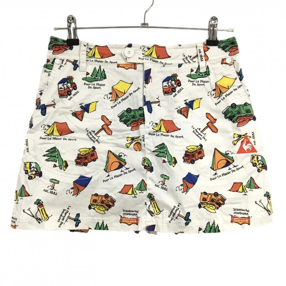 【美品】ルコックゴルフ スカート 白×マルチカラー 総柄 テント 車  レディース 9 ゴルフウェア le coq sportif