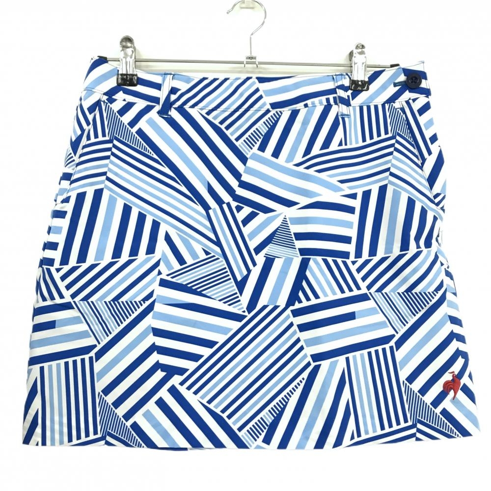 【超美品】ルコックゴルフ スカート 白×ブルー 総柄 ロゴ刺しゅう ストレッチ メッシュ裏地 レディース LL ゴルフウェア le coq sportif