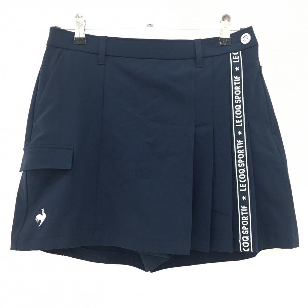 【超美品】ルコックゴルフ スカート ネイビー×白 サイドロゴライン 内側パンツ 裾刺しゅう レディース L ゴルフウェア le coq sportif