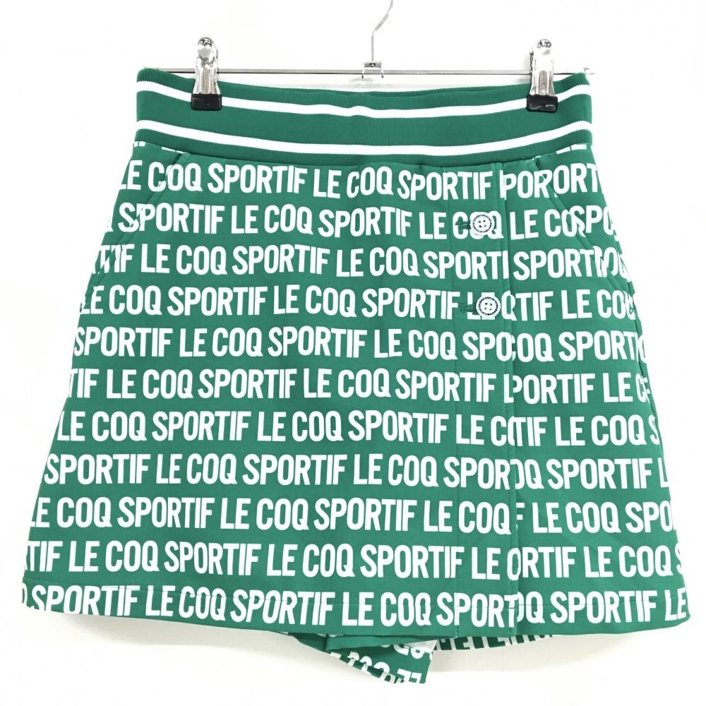 【美品】ルコック キュロットスカート グリーン×白 ロゴ総柄 ウエストゴム レディース 7 ゴルフウェア le coq sportif