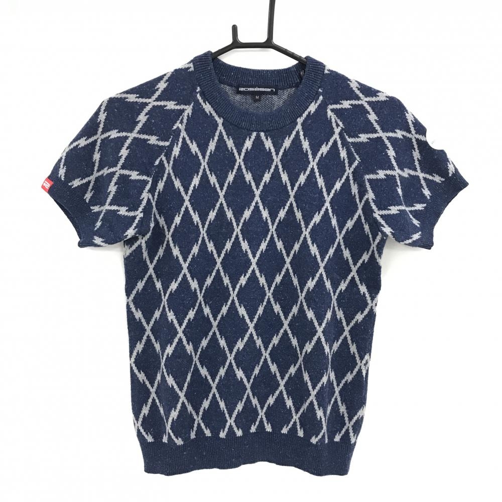 【美品】ロサーセン 半袖セーター ネイビー×ライトグレー ダイヤ柄風 カシミヤ混 ニット レディース M ゴルフウェア Rosasen