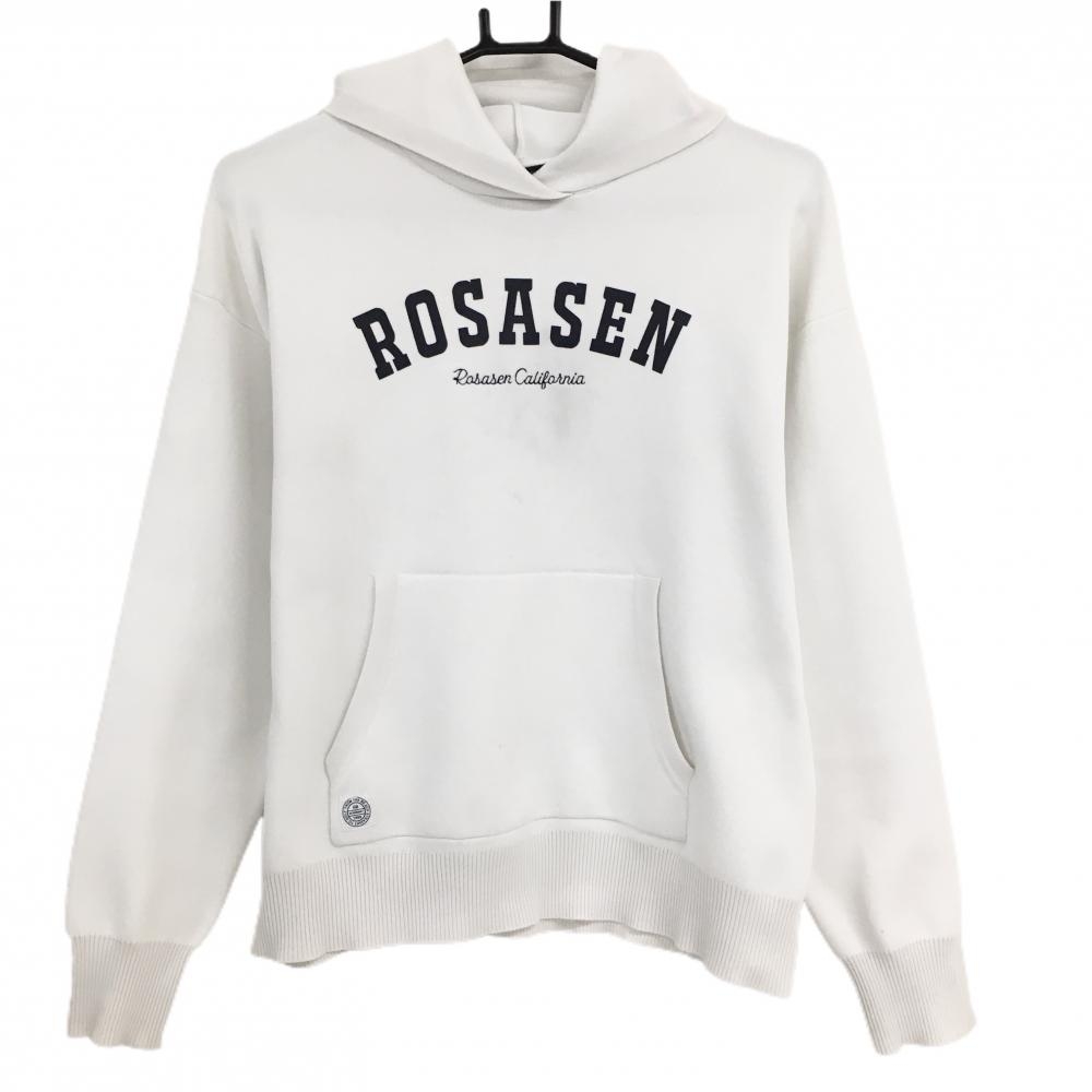 ロサーセン フード付セーター 白×ネイビー 腹部ポケット ニット レディース L ゴルフウェア Rosasen