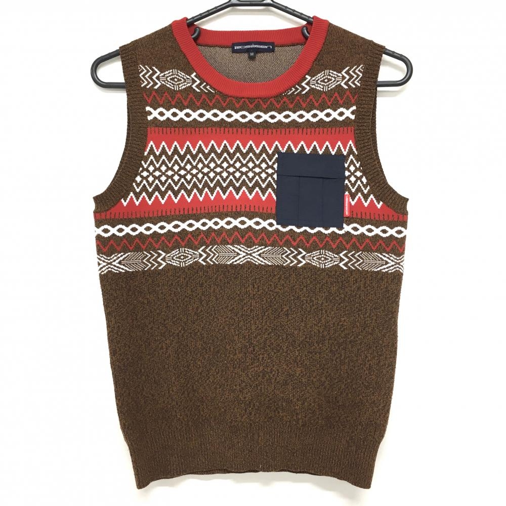 【超美品】ロサーセン ニットベスト 杢ブラウン×レッド 上部総柄 コットン混 レディース M ゴルフウェア Rosasen