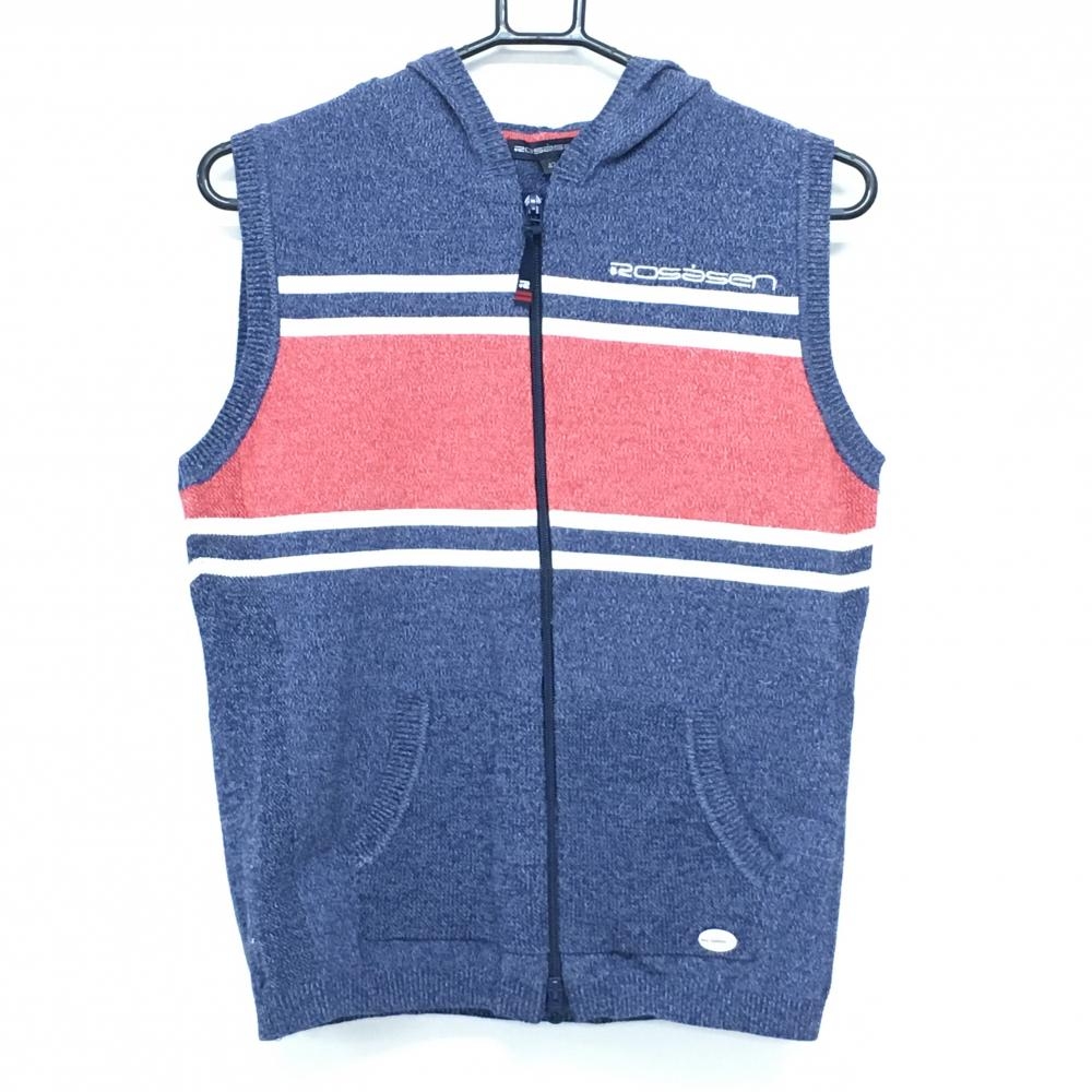 【超美品】ロサーセン フード付ニットベスト ネイビー×レッド×白 サイド上部透かし編み  レディース 42(L) ゴルフウェア Rosasen