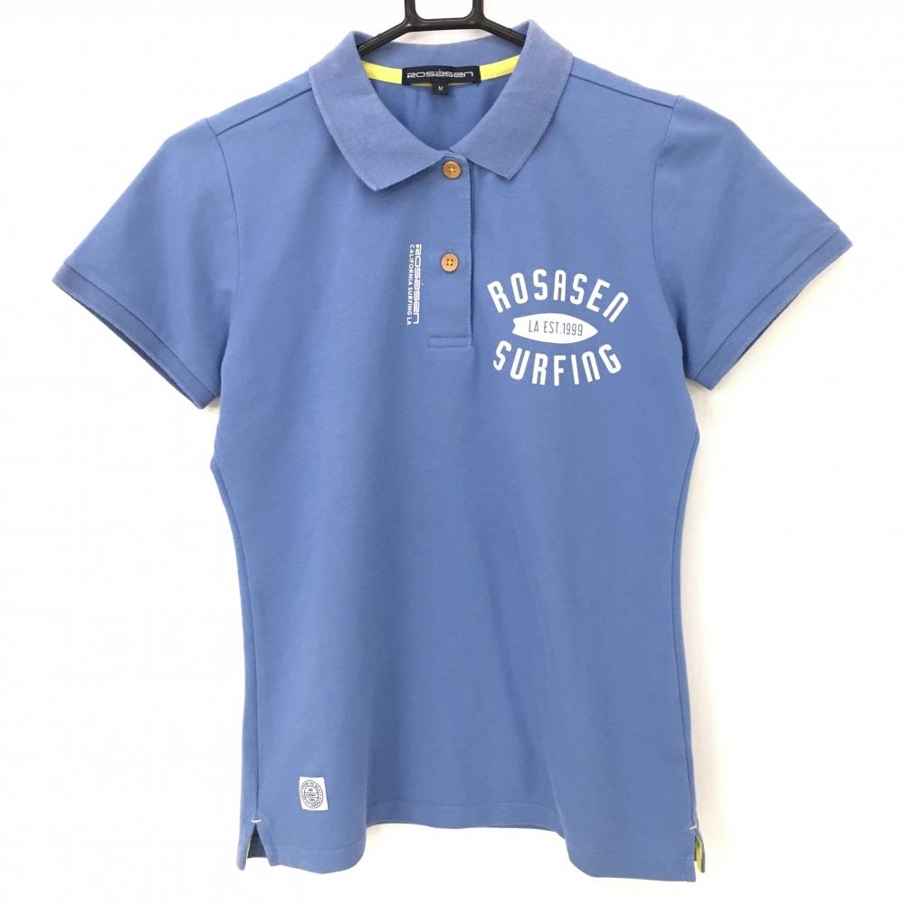 ロサーセン 半袖ポロシャツ ライトブルー×白 ロゴプリント  レディース M ゴルフウェア Rosasen