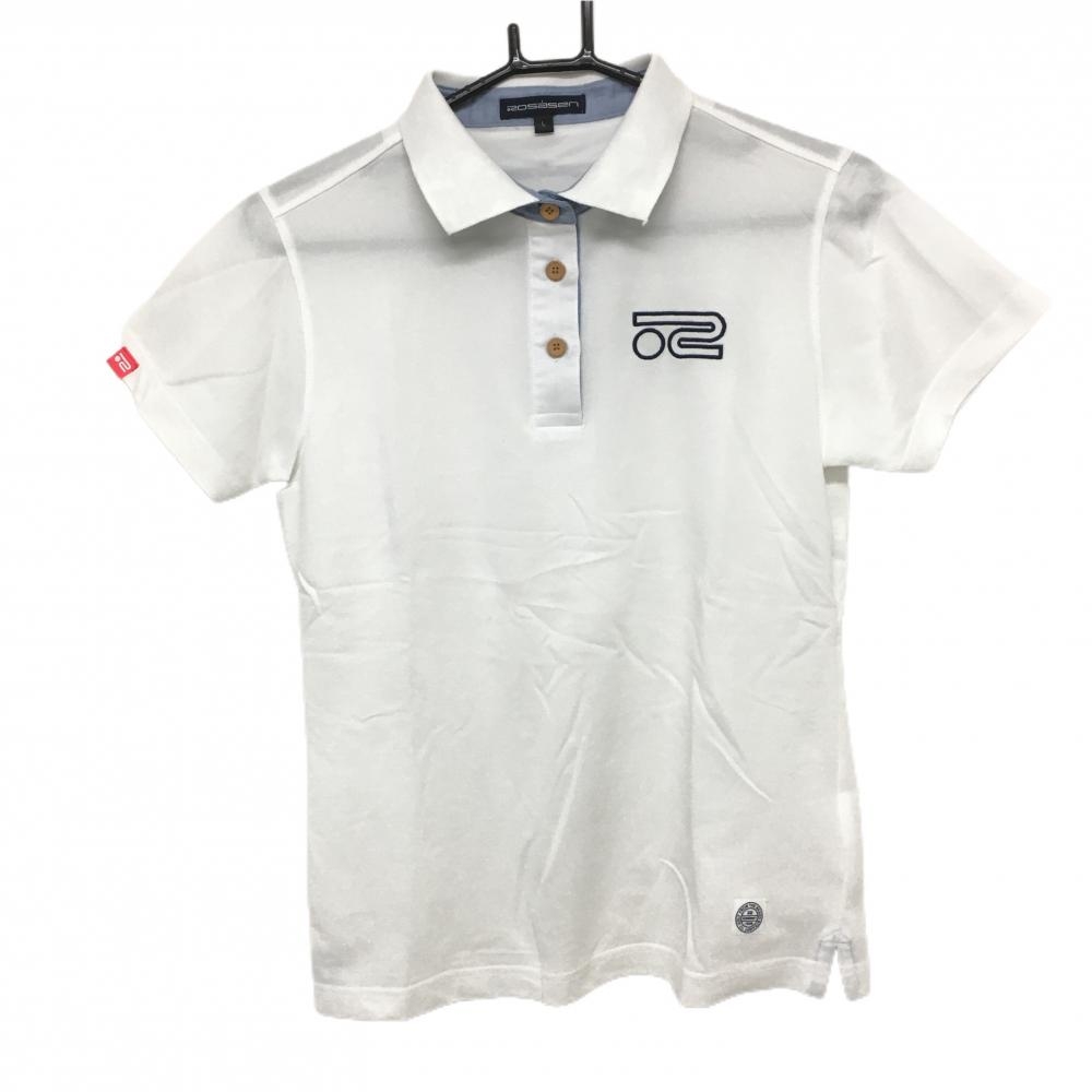 【超美品】ロサーセン 半袖ポロシャツ 白 襟裏ヤシの木柄 レディース L ゴルフウェア Rosasen
