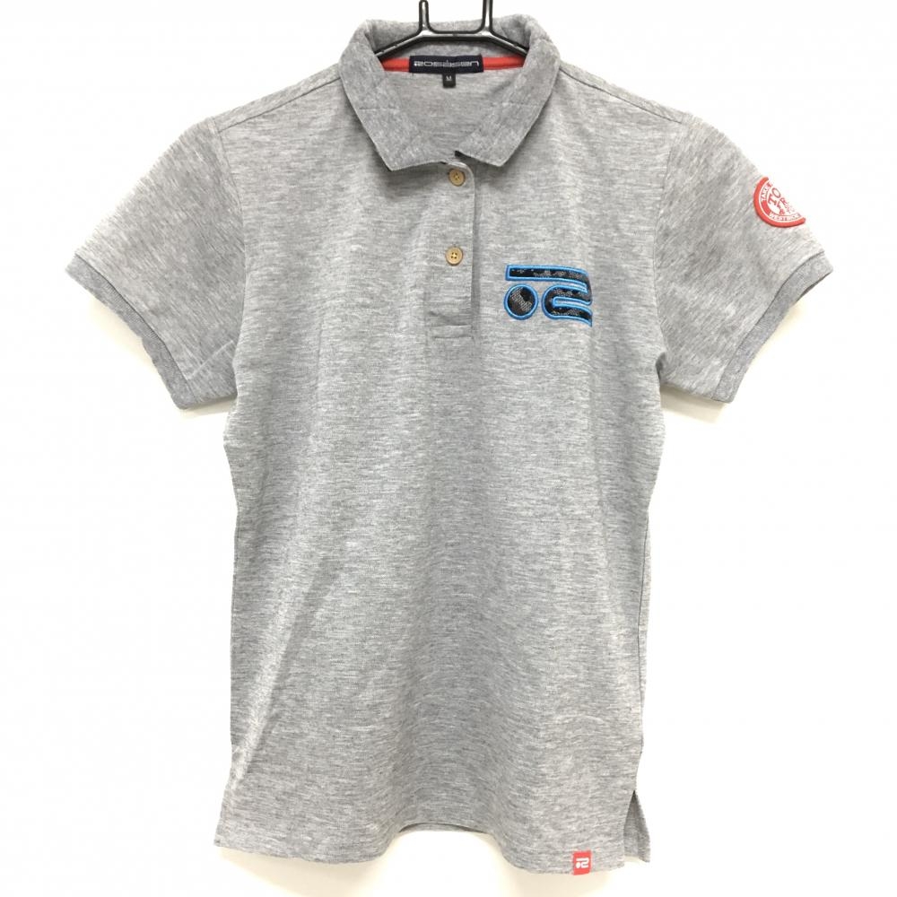 【超美品】ロサーセン 半袖ポロシャツ グレー 地模様 襟裏カモフラ風 袖ワッペン 胸元ロゴ レディース M ゴルフウェア Rosasen