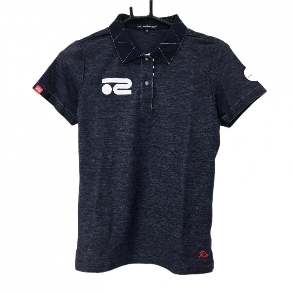 【美品】ロサーセン 半袖ポロシャツ ネイビー×白 デニム風 襟ステッチ  レディース M ゴルフウェア Rosasen