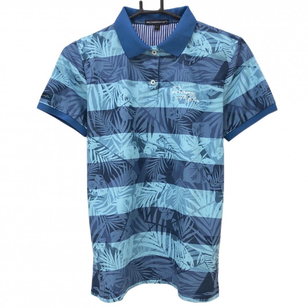 【超美品】ロサーセン 半袖ポロシャツ ブルー×ライトブルー リーフ柄 ボーダー  レディース L ゴルフウェア Rosasen