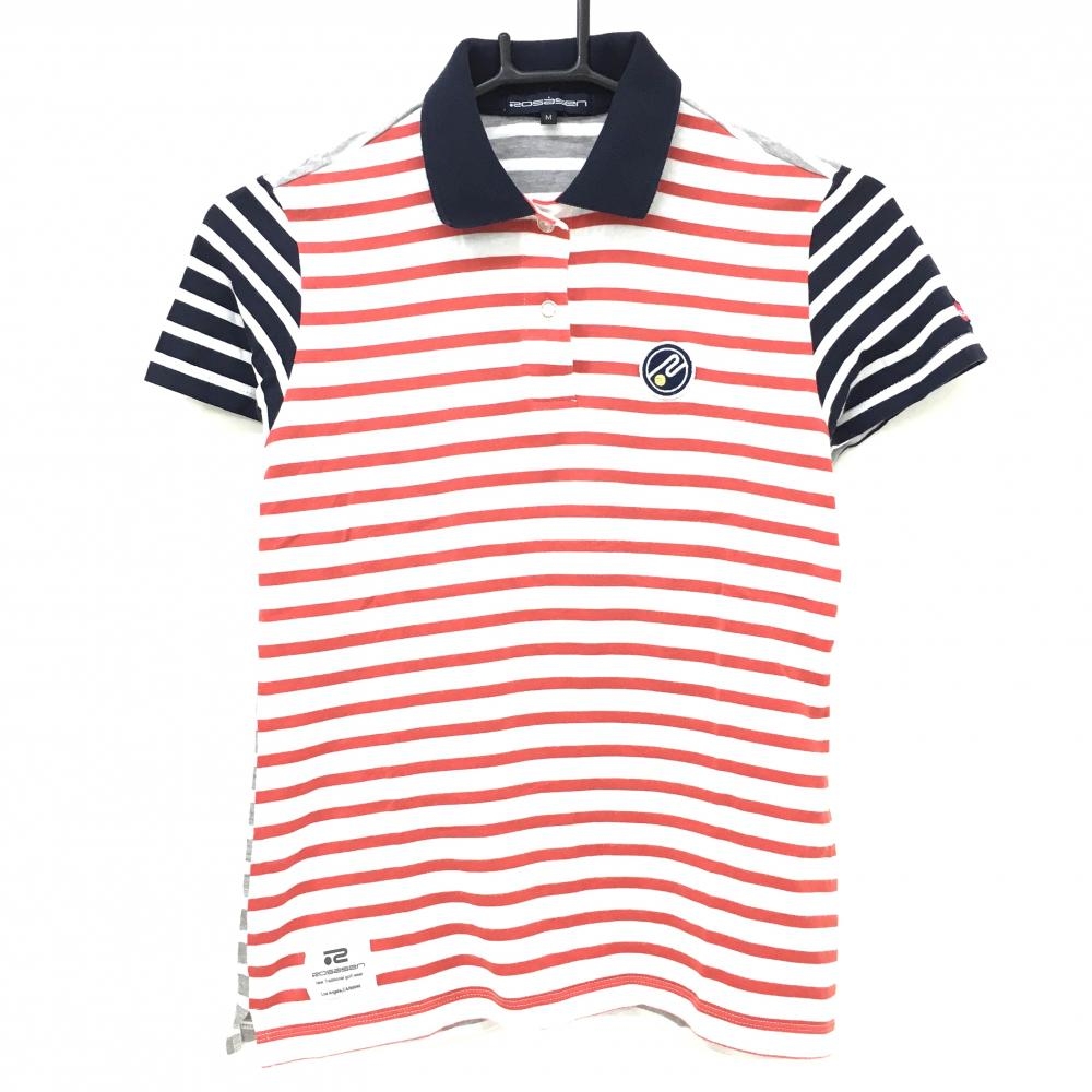 ロサーセン 半袖ポロシャツ 白×レッド ボーダー 胸元ワッペン  レディース M ゴルフウェア Rosasen