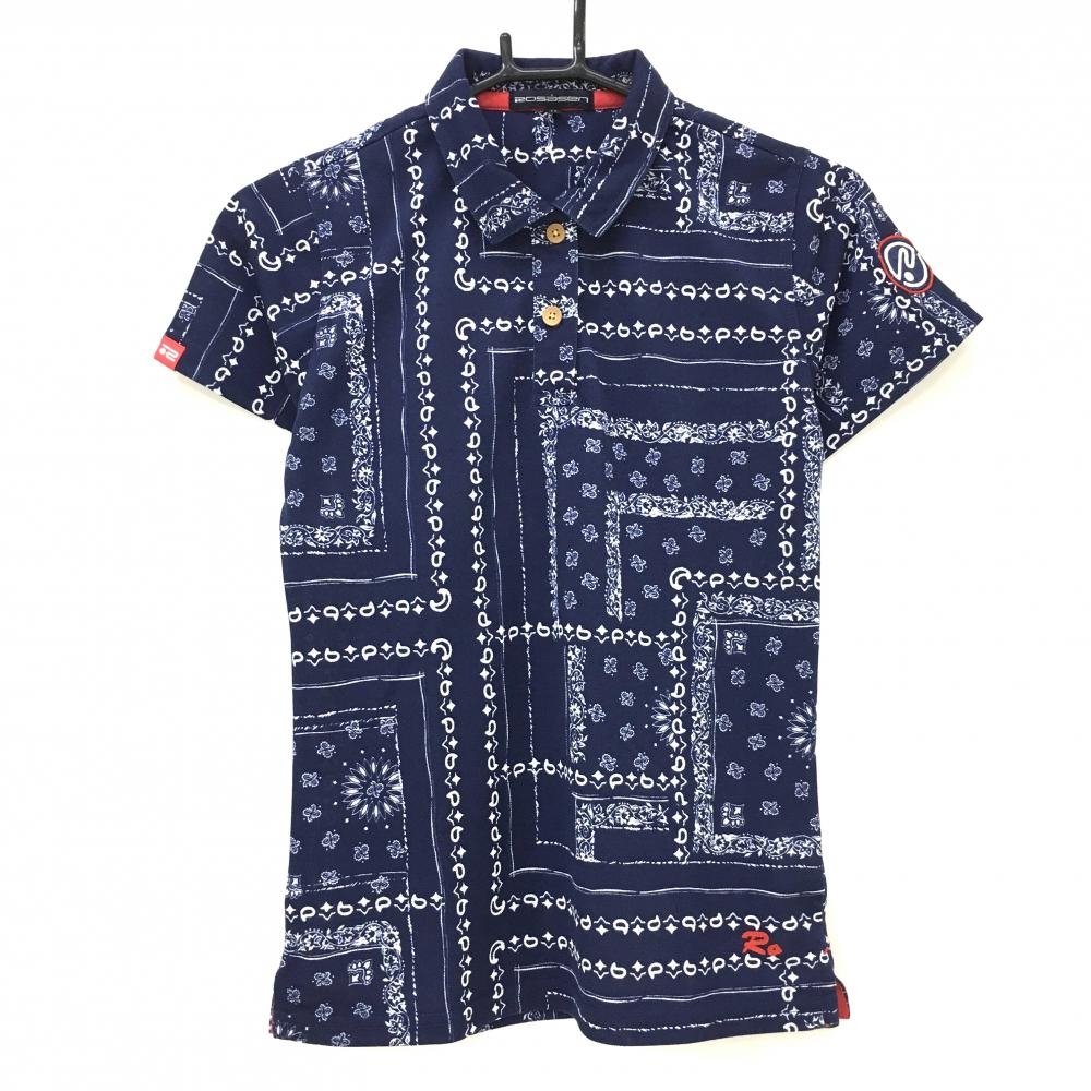 【美品】ロサーセン 半袖ポロシャツ ネイビー×白 総柄 袖ワッペン  レディース M ゴルフウェア Rosasen